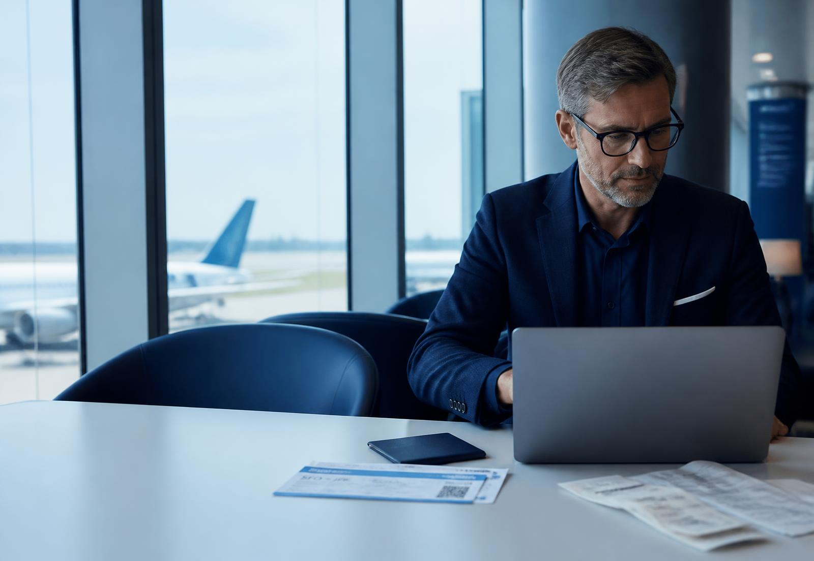 Business traveller reviewing boarding pass and receipts on a laptop