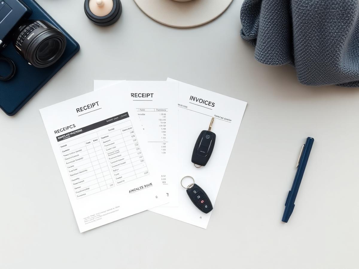Receipts and fuel invoices laid out on a desk